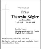 Traueranzeige Theresia Kögler