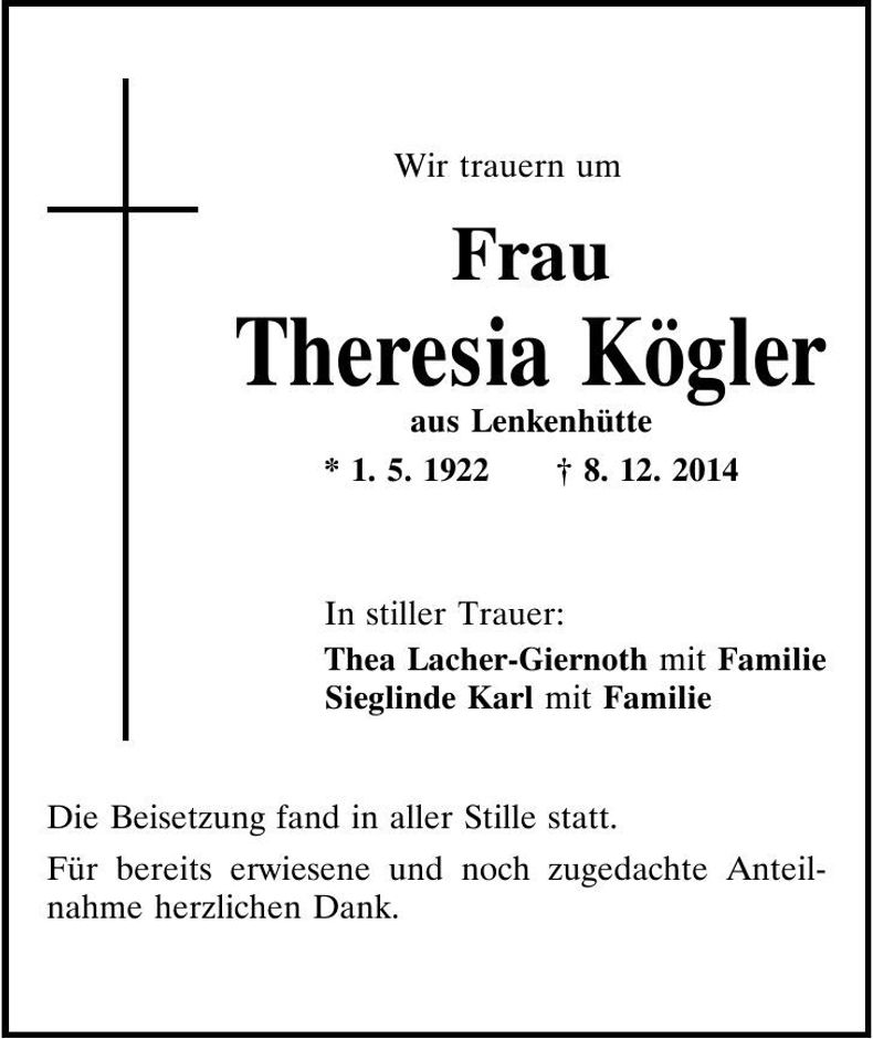 Traueranzeige Theresia Kögler