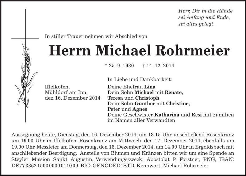 Traueranzeige Michael Rohrmeier