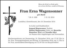 Traueranzeige Erna Wagensonner