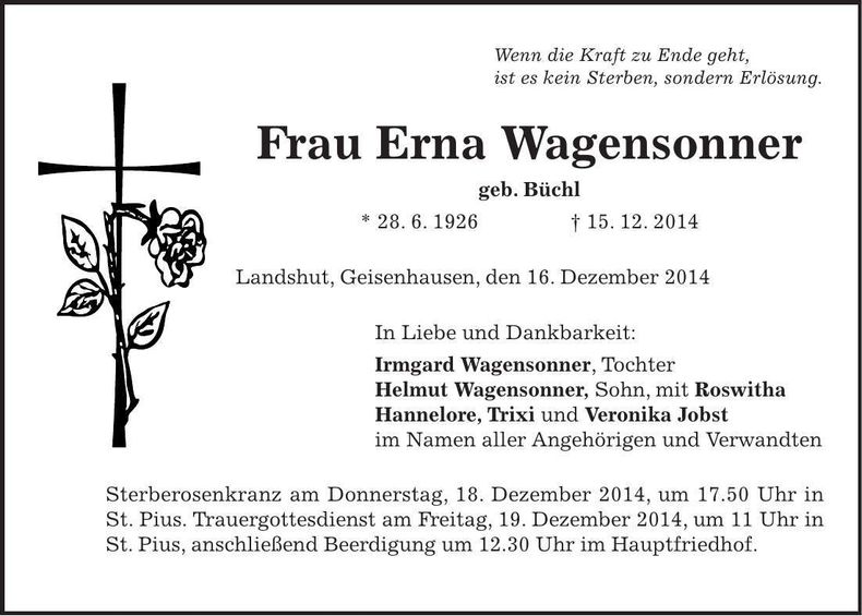 Traueranzeige Erna Wagensonner