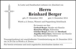 Traueranzeige Reinhard Berger