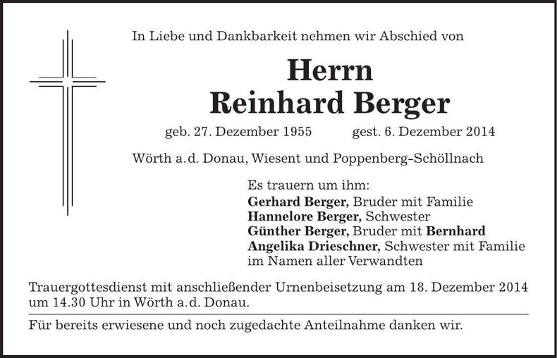 Traueranzeige Reinhard Berger