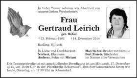 Traueranzeige Gertraud Leirich