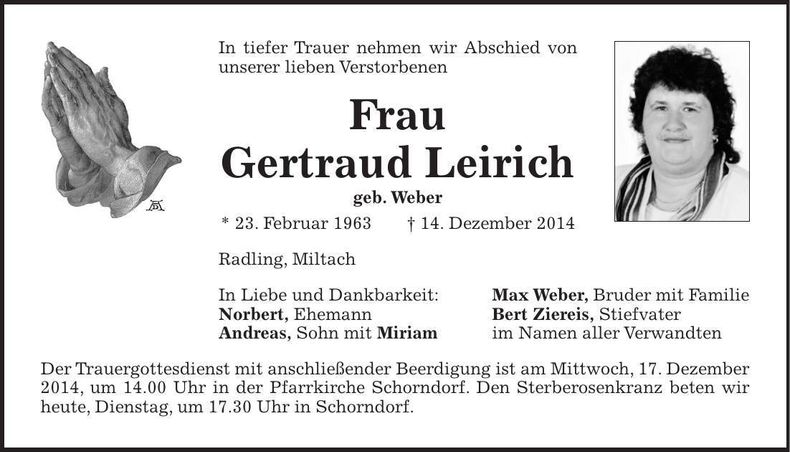 Traueranzeige Gertraud Leirich