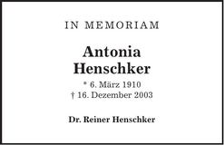 Traueranzeige Antonia Henschker