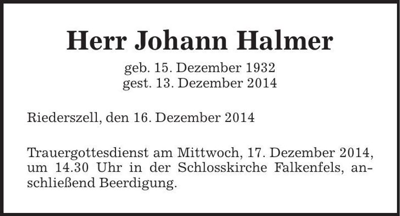 Traueranzeige Johann Halmer