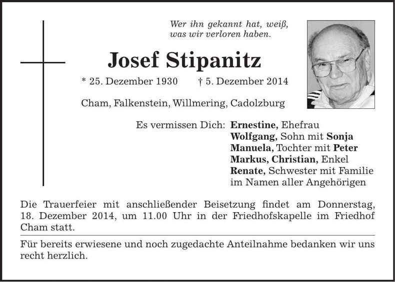 Traueranzeige Josef Stipanitz