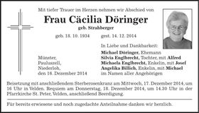 Traueranzeige Cäcilia Döringer