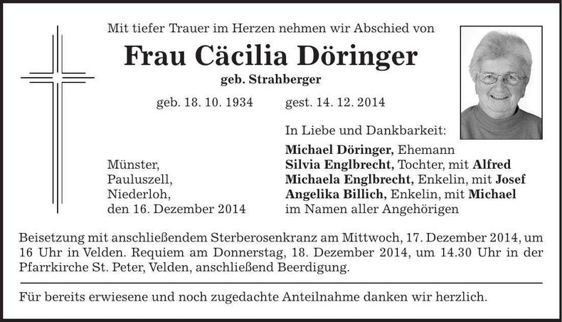 Traueranzeige Cäcilia Döringer