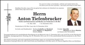 Traueranzeige Anton Tiefenbrucker