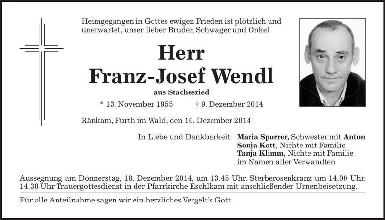 Traueranzeige Franz-Josef Wendl
