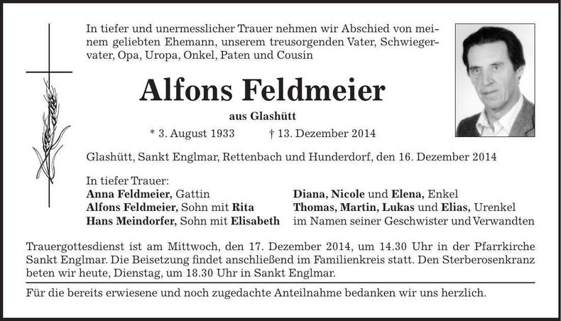 Traueranzeige Alfons Feldmeier