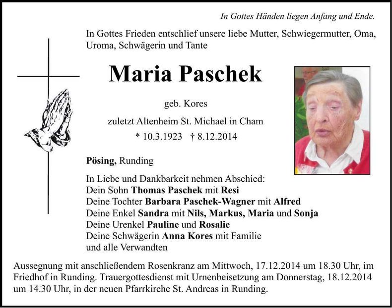 Traueranzeige Maria Paschek