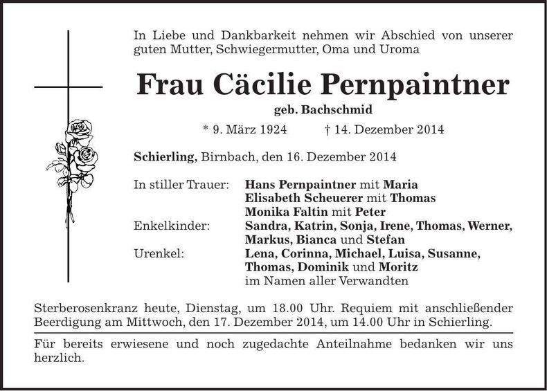 Traueranzeige Cäcilie Pernpaintner