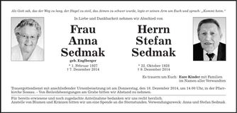 Traueranzeige Anna und Stefan Sedmak