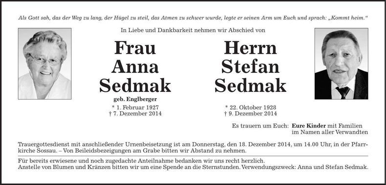 Traueranzeige Anna und Stefan Sedmak