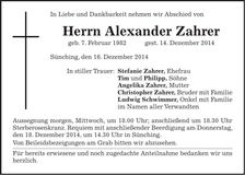 Traueranzeige Alexander Zahrer