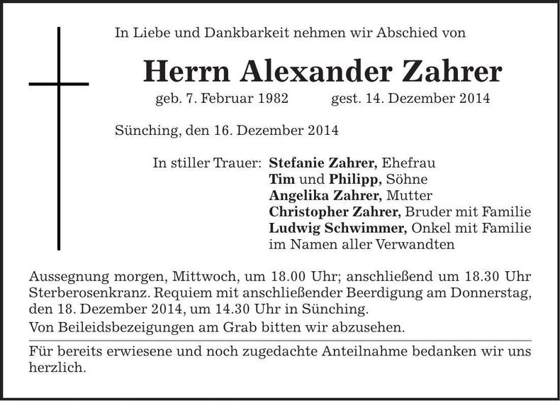 Traueranzeige Alexander Zahrer
