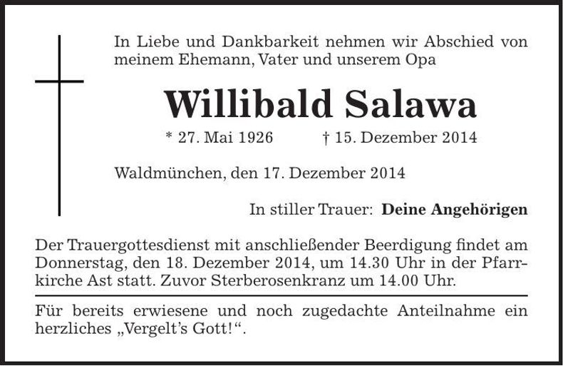 Traueranzeige Willibald Salawa