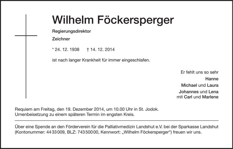 Traueranzeige Wilhelm Föckersperger
