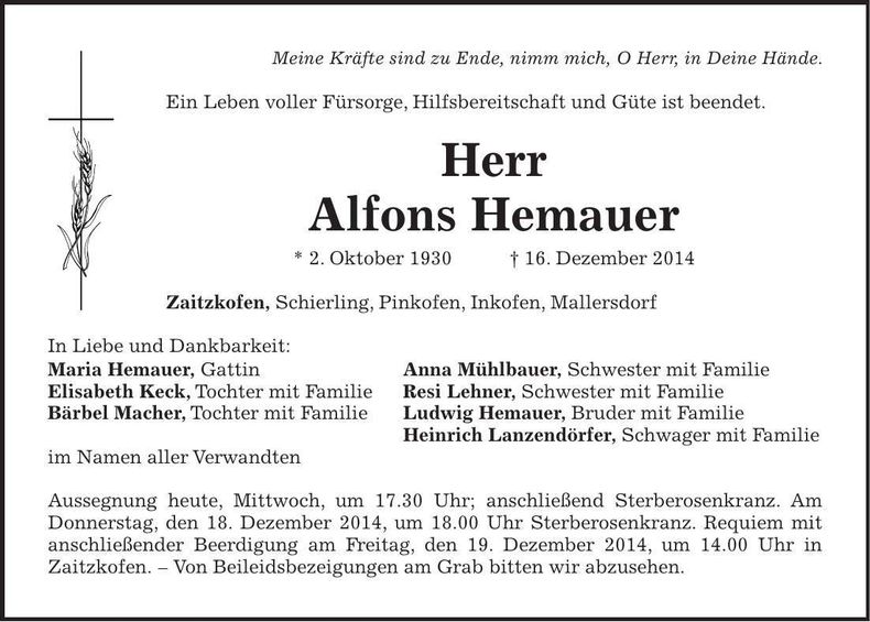 Traueranzeige Alfons Hemauer