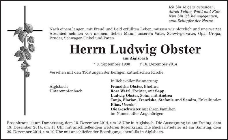 Traueranzeige Ludwig Obster