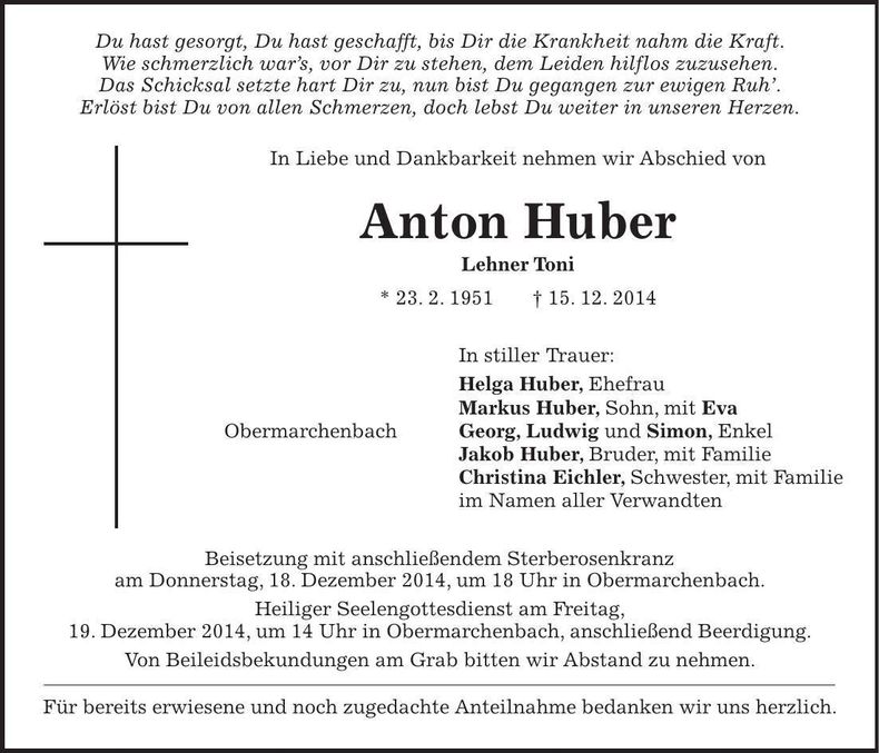 Traueranzeige Anton Huber