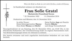 Traueranzeige Sofie Gratzl