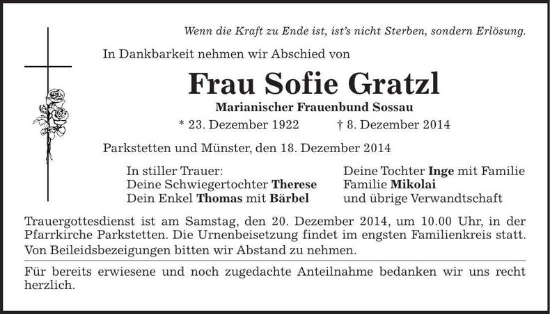 Traueranzeige Sofie Gratzl