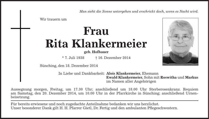Traueranzeige Rita Klankermeier