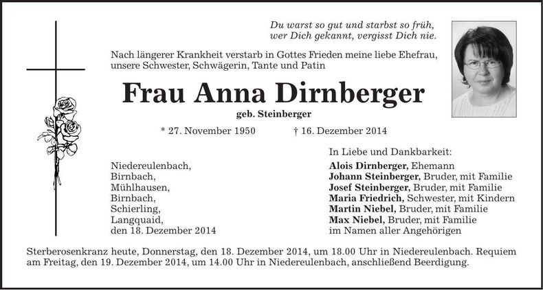 Traueranzeige Anna Dirnberger