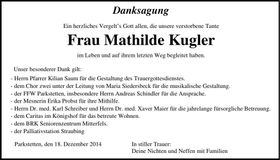 Traueranzeige Mathilde Kugler