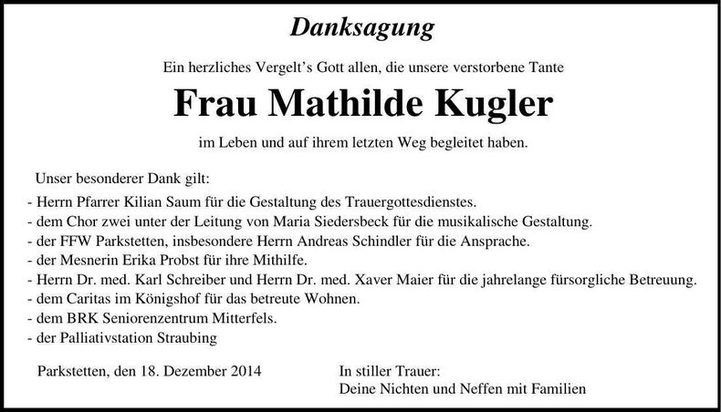 Traueranzeige Mathilde Kugler