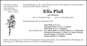 Traueranzeige Ella Plaß