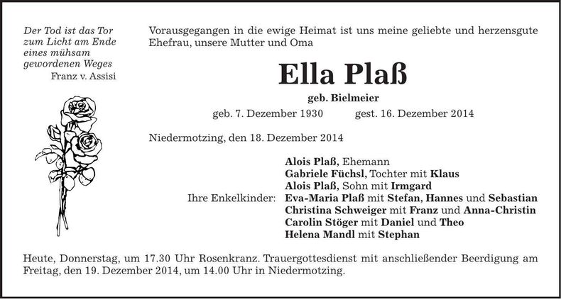 Traueranzeige Ella Plaß