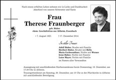 Traueranzeige Therese Frauenberger