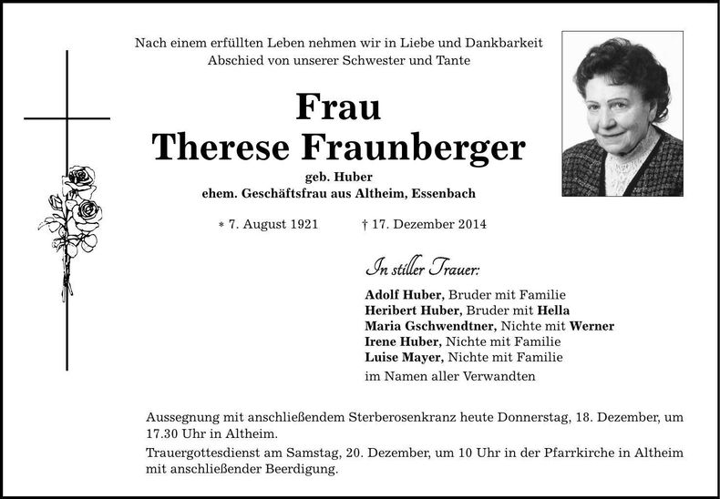 Traueranzeige Therese Frauenberger