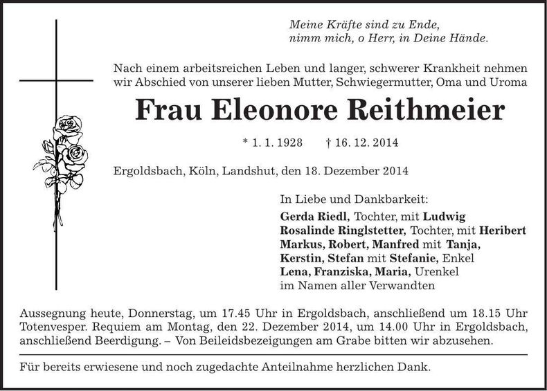 Traueranzeige Eleonore Reithmeier