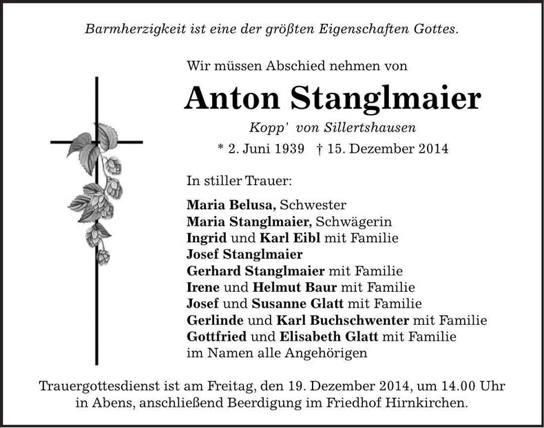 Traueranzeige Anton Stanglmaier