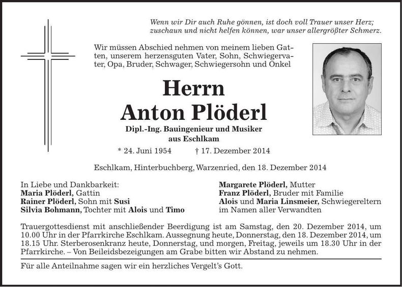Traueranzeige Anton Plöderl