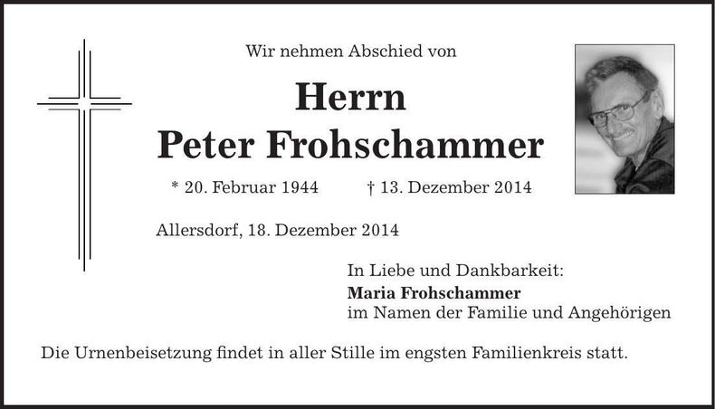 Traueranzeige Peter Frohschammer