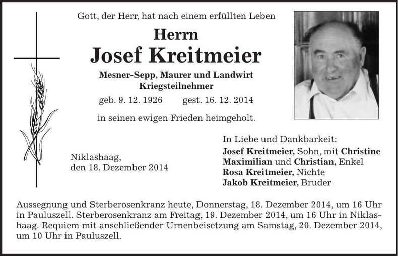 Traueranzeige Josef Kreitmeier