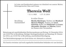 Traueranzeige Theresia Wolf