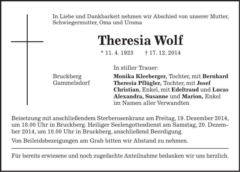 Traueranzeige Theresia Wolf