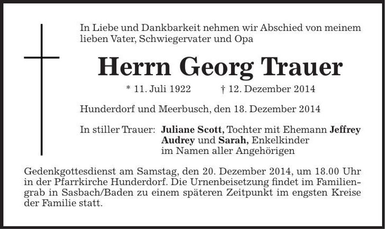 Traueranzeige Georg Trauer