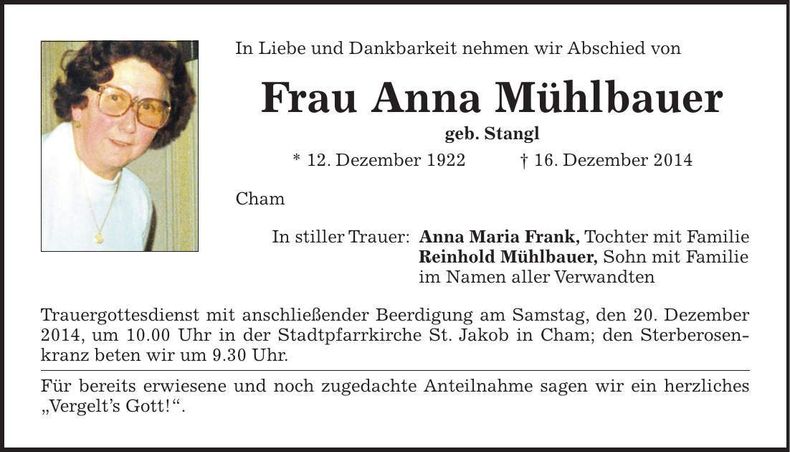 Traueranzeige Anna Mühlbauer