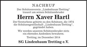 Traueranzeige Xaver Hartl
