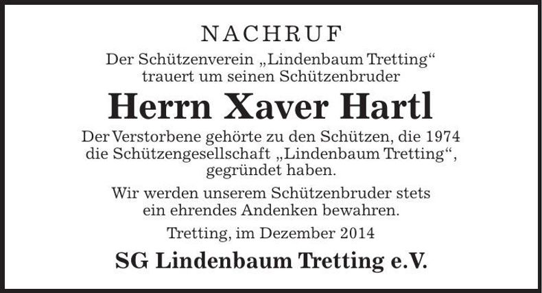 Traueranzeige Xaver Hartl