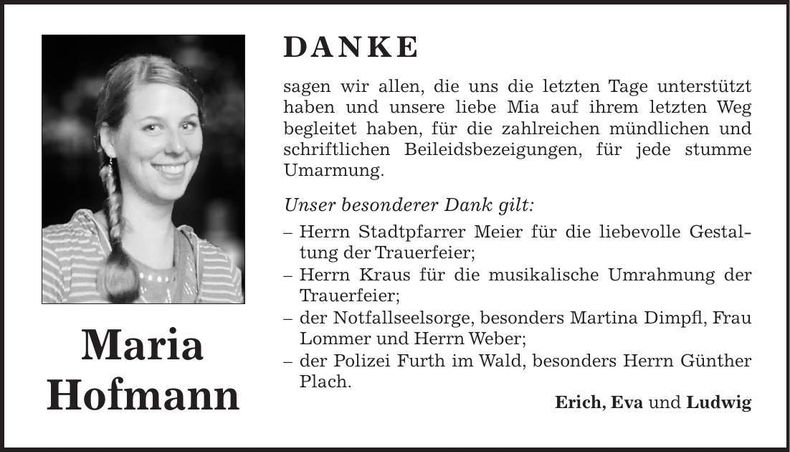Traueranzeige Maria Hofmann